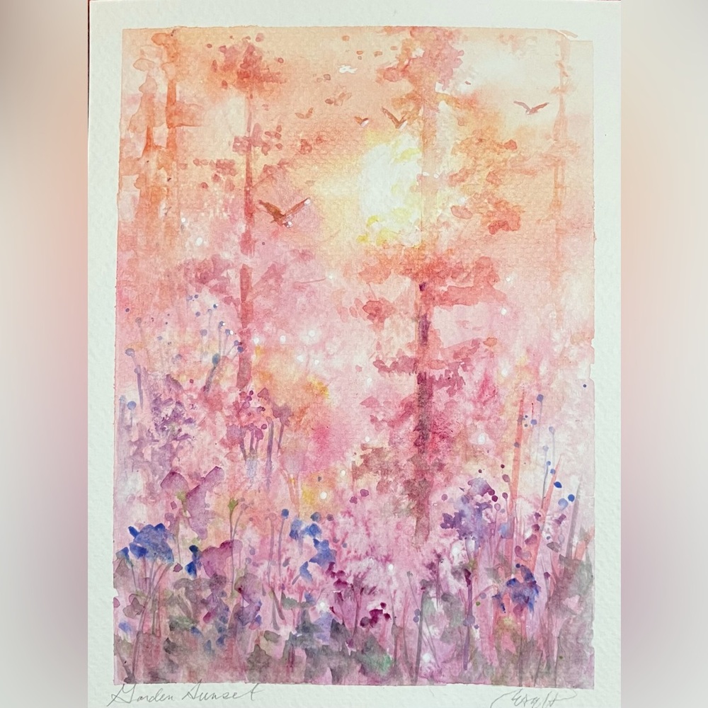 Original Watercolor Painting "Garden Sunset" Artwork landscape nature decor EAEH